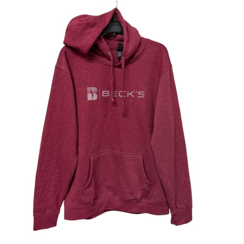 Beck's Graphic Pullover Logo Sporty Hoodie Red Heather Becks‎ Men's Size Large